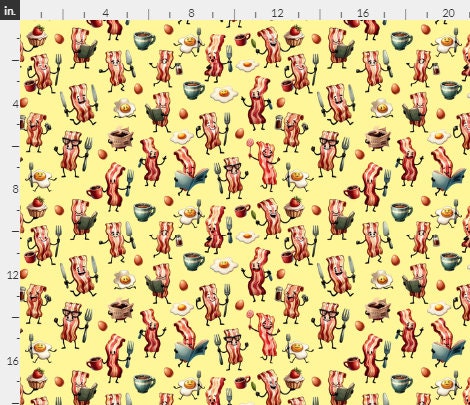 Bacon and Eggs on Yellow 100% Cotton fabric -Continuous Cuts