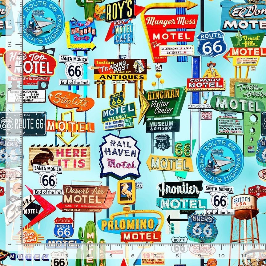 TT-Michael CD3059 Blue - Route 66 Road Signs Cotton Fabric 100% Cotton - continuous cuts Planes, Trains, Trucks