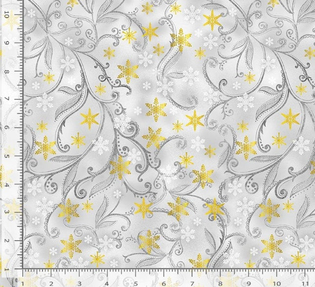 Metallic Accent Vines Christmas Cotton fabric - 100% Cotton -TT-Holiday CM2577 Dove - Leafy Vines & Snowflakes