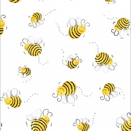 SusyBee Sweet Bees cotton fabric White Continuous cuts- 100% Cotton Susy Bee WSBSB20197-100
