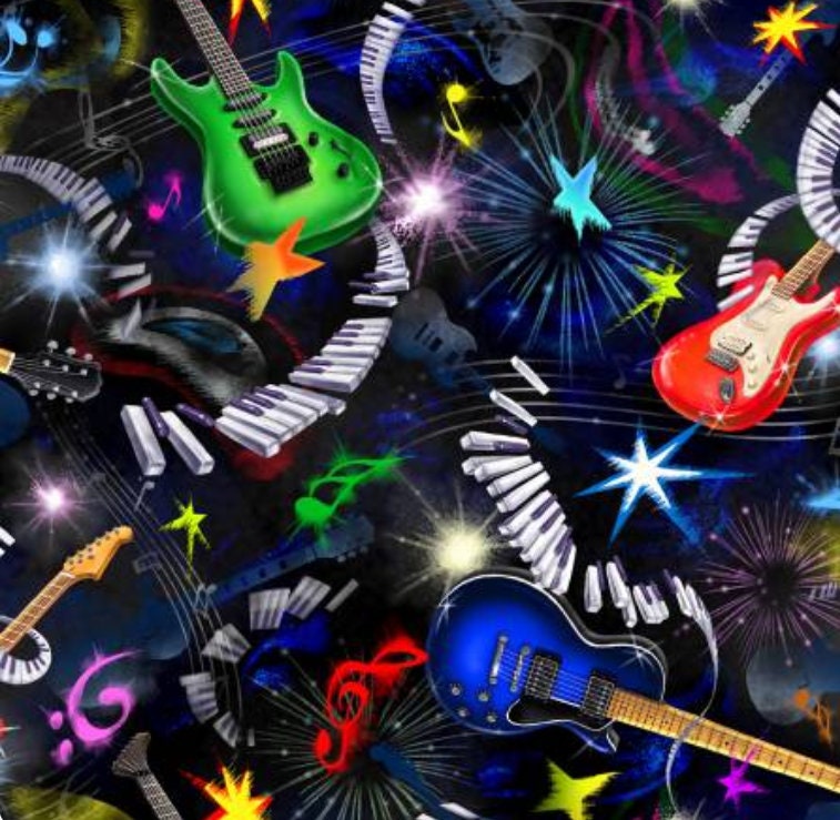 Tossed Guitars Cotton Fabric - 100% Cotton - Oasis Fabrics OF-Rockin' Out Master Guitar OA597531