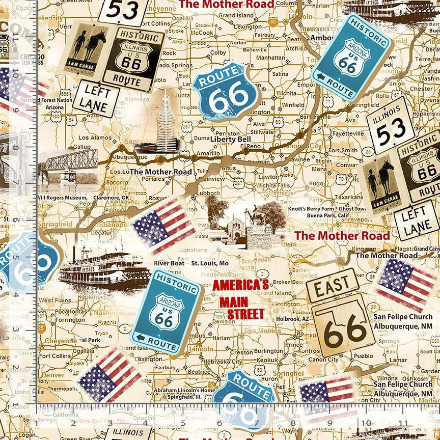 TT-Michael CD3060 Neutral - Route 66 Antique Map - 100% Cotton - Fabric - continuous cuts Planes, Trains, Trucks