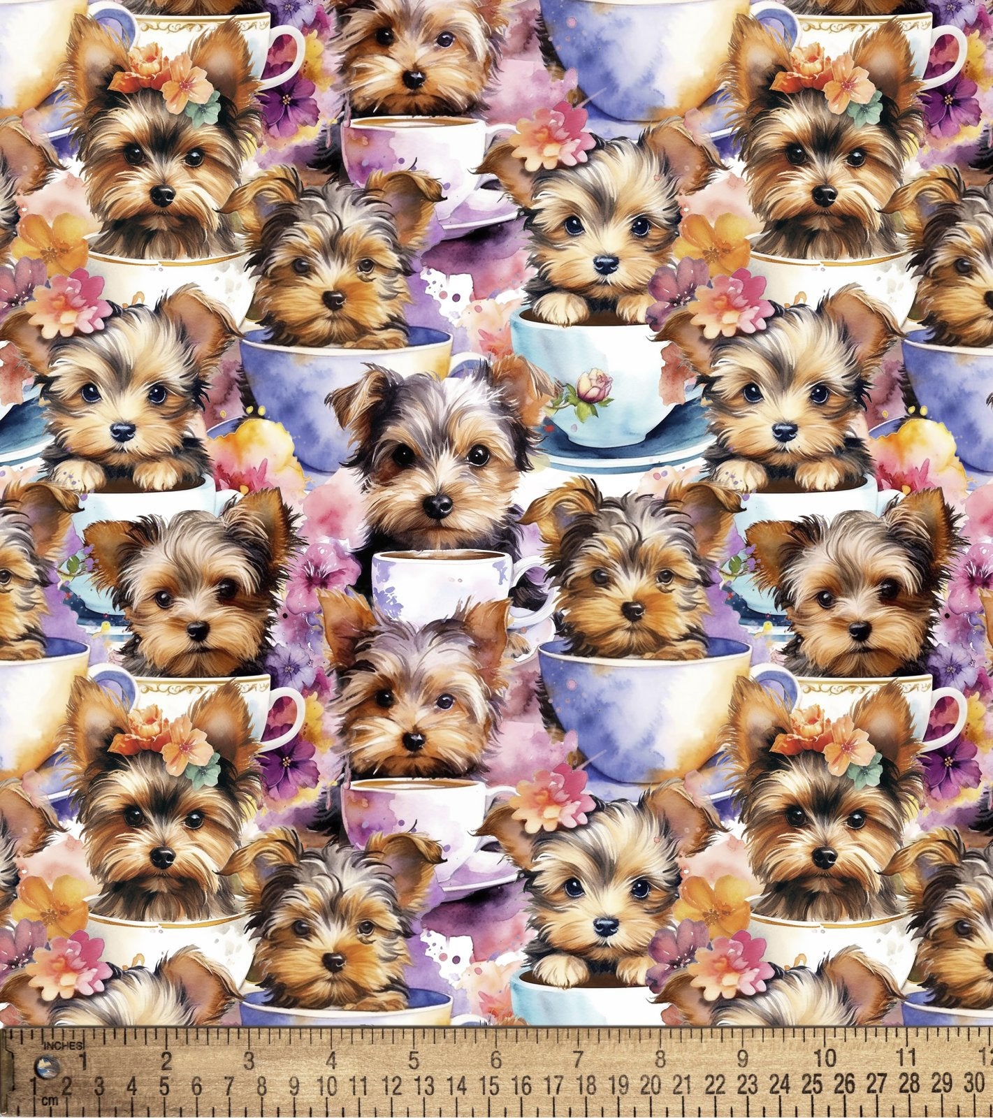 Yorkie Teacups Cotton Fabric- 100% Cotton/ by the yard- fat quarters- David Textiles