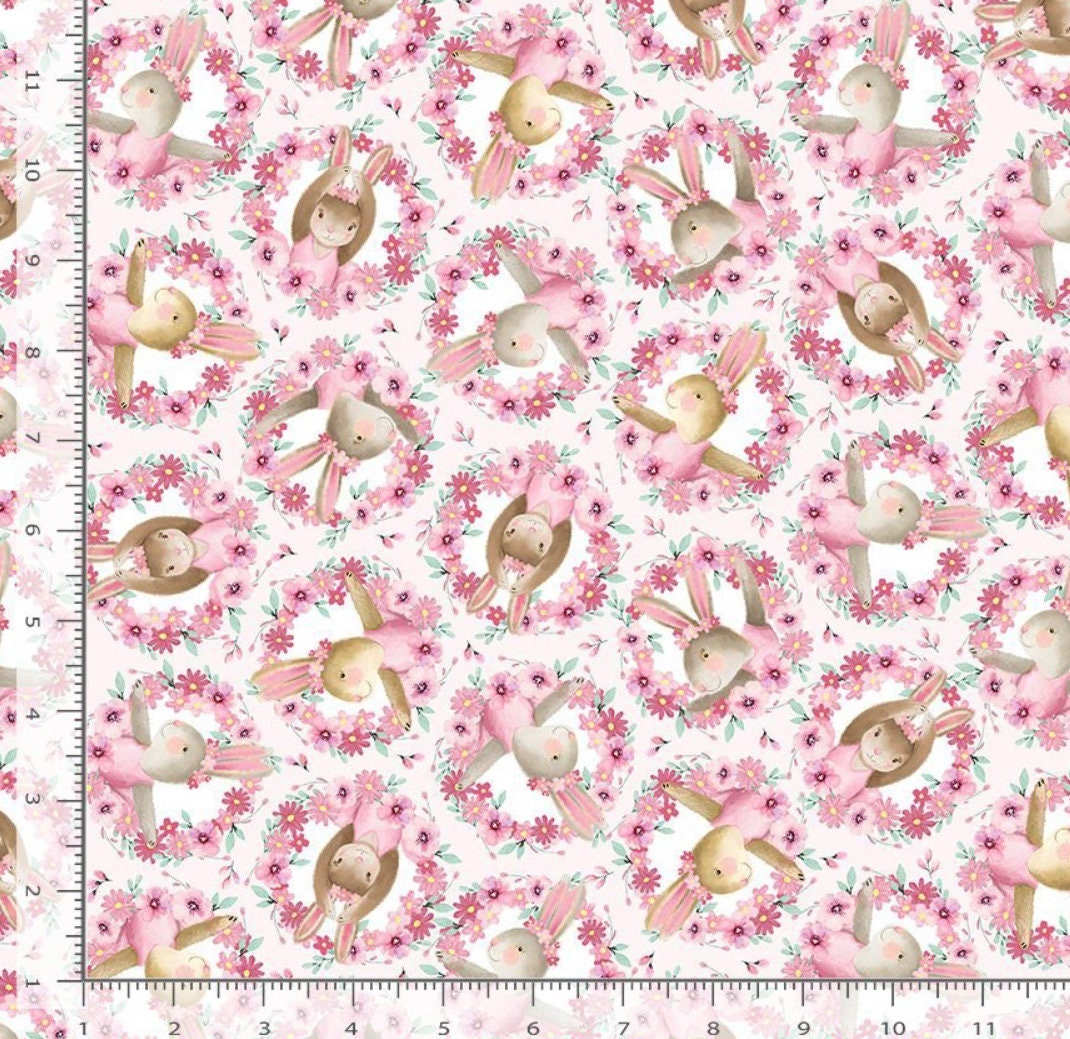 Cute Floral Bunny Heads Easter cotton fabric 100% Cotton Continuous Cuts TT-Kidz CD2248 Pink