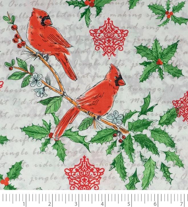 Cardinals on Christmas Text Cotton Fabric -100% Cotton - Fabric- continuous cuts