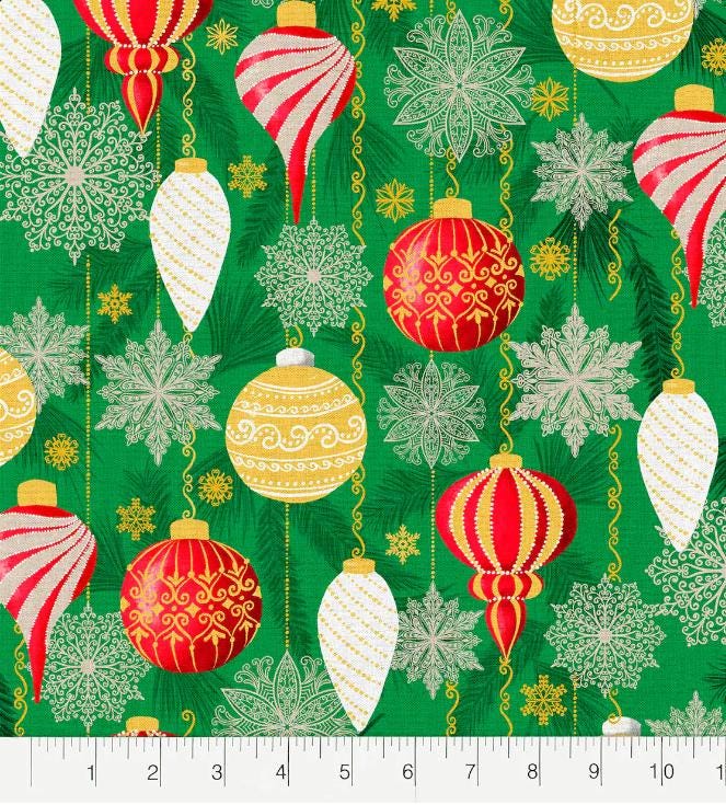 Hanging Ornaments on Green Christmas Cotton fabric 100% Cotton - Fabric Editions