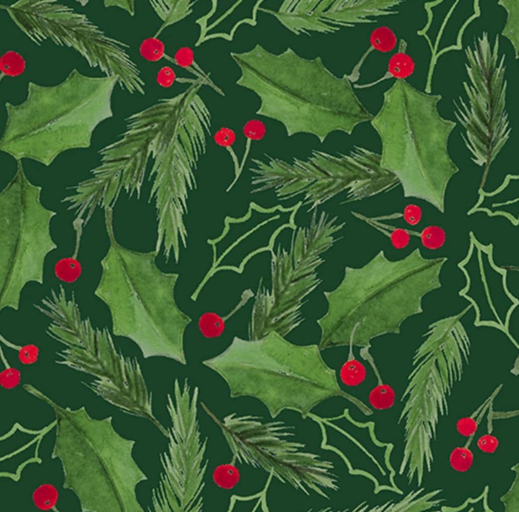 Holly & Berried Cotton fabric- continuous cuts - cotton fabric- fast shipping! 3WI15493-GRN-CTN-D