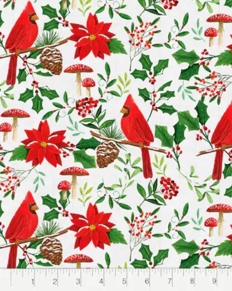 Cardinal Noel Poinsettia Cotton Fabric 100% Cotton - Fabric- continuous cuts