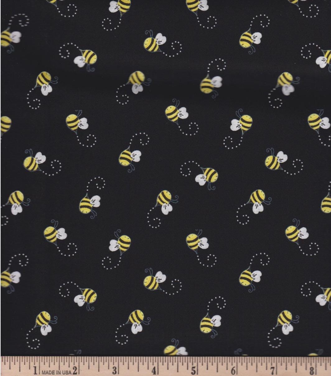 Bees on Black Cotton fabric, continuous cuts- 100% Cotton -TT-Gail CD5496 Black - Bees