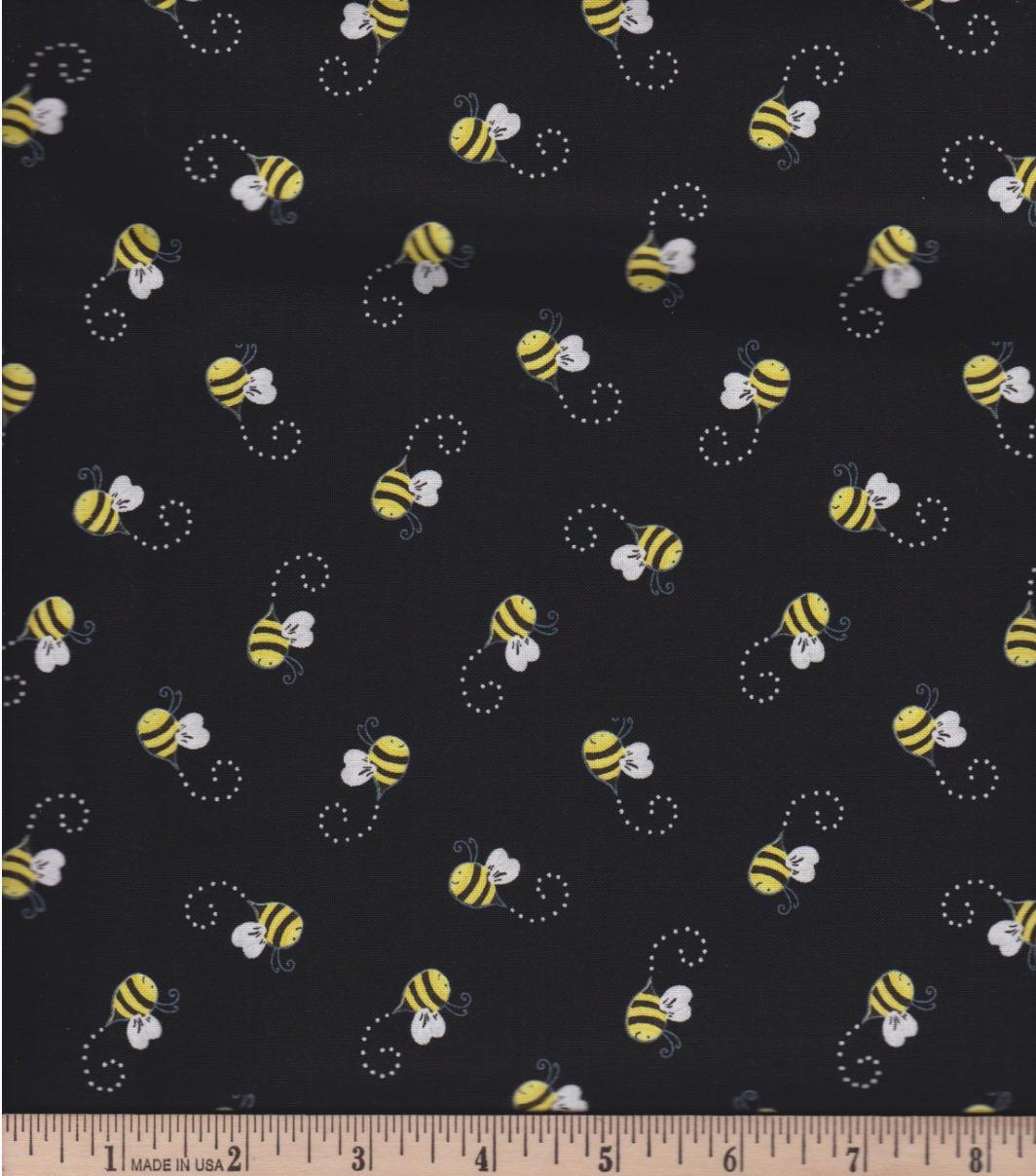 Bees on Black Cotton fabric, continuous cuts- 100% Cotton -TT-Gail CD5496 Black - Bees