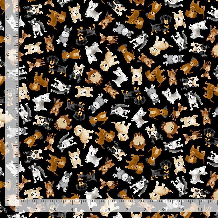 Tossed Dogs 100% Cotton Fabric - Continuous cuts- TT-Dog CD3318 Black - Tossed Small Dogs