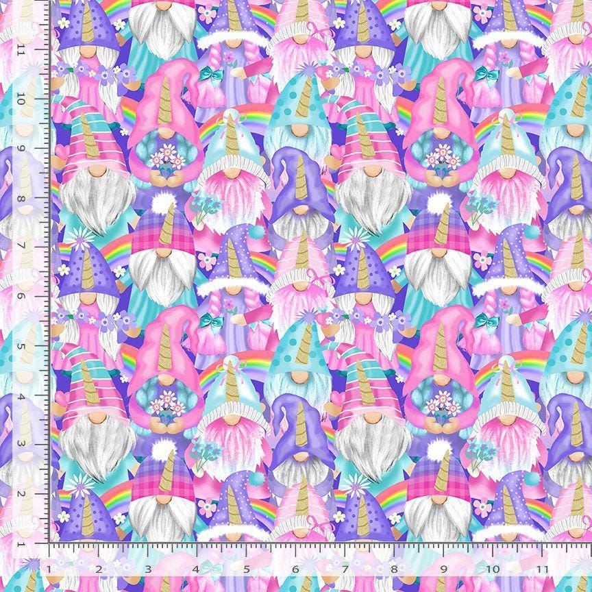 Unicorn Gnomes Cotton Fabric- 100% Cotton -TT-Gail CD3369 Rainbow - Unicorn Gnomes