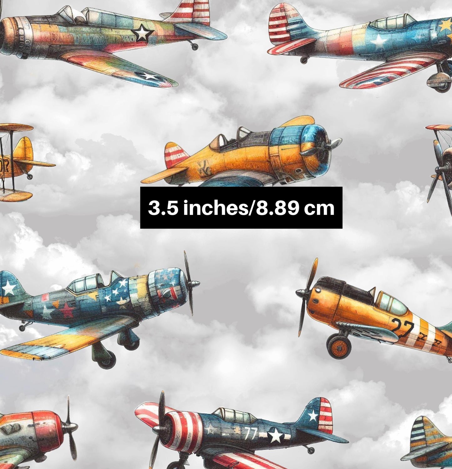 Vintage Airplane Fabric - 100% Cotton - Sky - Plane - Flight - Boy - Clouds -Continuous Cuts Planes, Trains, Trucks