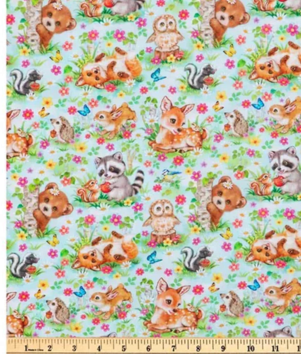 Woodland Cuties Friends animals fabric- 100% Cotton - continuous cuts- Racoon - Fox - Bear-