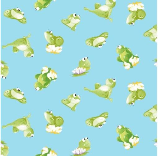 SusyBee Paul’s Pond cotton fabric- Continuous cuts- 100% Cotton- frogs -Tossed Frogs WSBSB20429-930 light blue