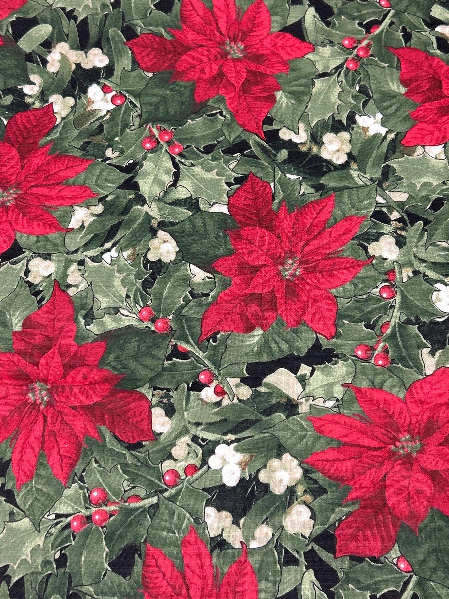 Pointsettia Christmas Holiday Fabric -100% Cotton - Fabric- continuous cuts Berries and Bells by Mai De