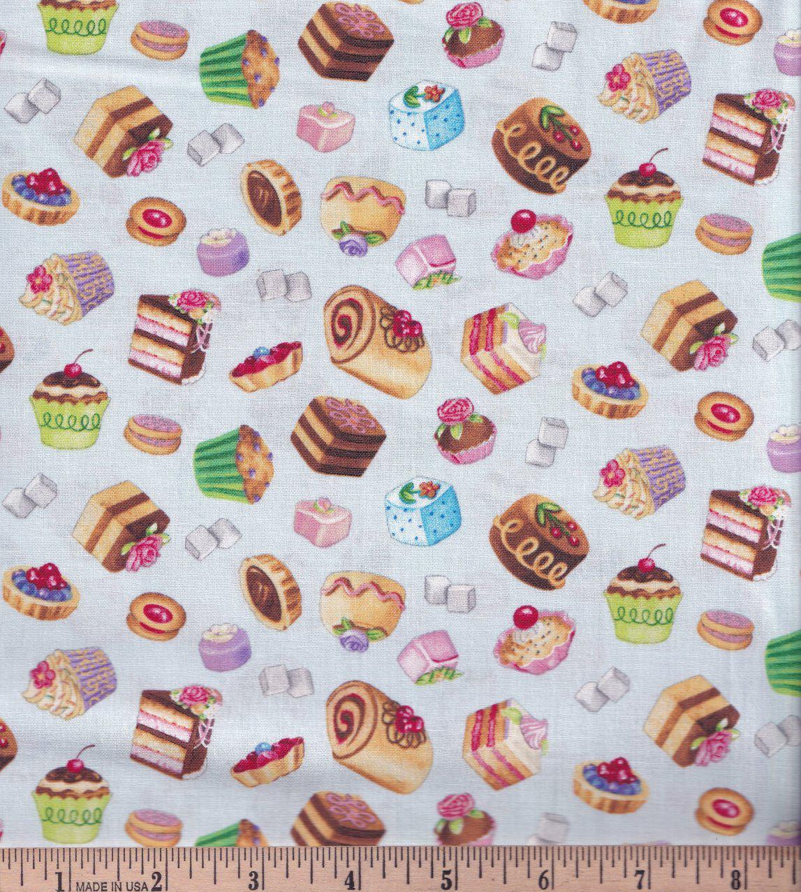 Fancy Pastries on Blue Cotton Fabric- 100% Cotton ES-Fancy Tea 34002 Blue - Pastries