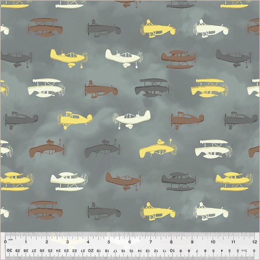 Up Up and Awoof Airplane Fabric - 100% Cotton -Fog- Sky - Plane - Flight - Boy - Clouds Gray -Continuous Cuts Planes, Trains, Trucks