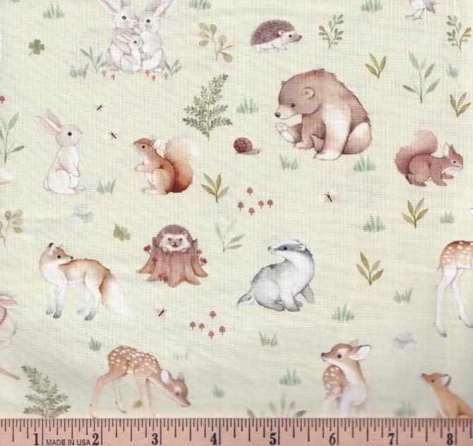 Forest Stories Woodland Cotton fabric- - 100% Cotton - Continuous cuts- Deer Bear Bird Bunny DS-Little Forest DNS2310 Laurel - Greenwood