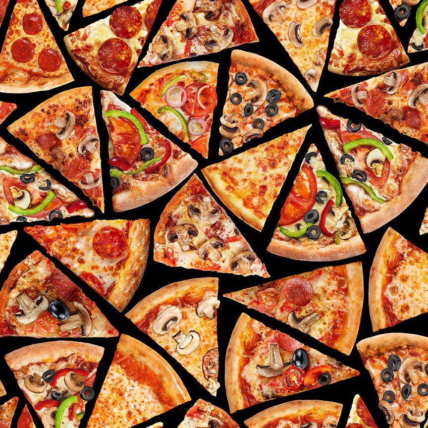 Tossed Pizza Slices Novelty Cotton fabric -100% Cotton TT-Food CD3451 Black - Tossed Pizza Slices