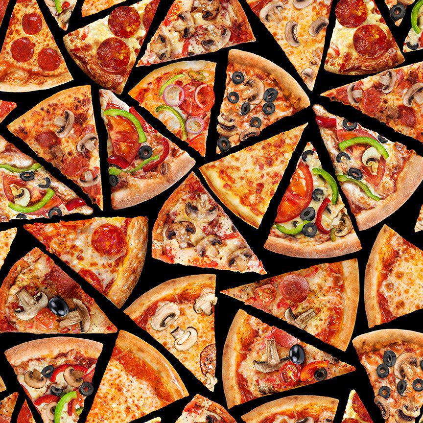 Tossed Pizza Slices Novelty Cotton fabric -100% Cotton TT-Food CD3451 Black - Tossed Pizza Slices