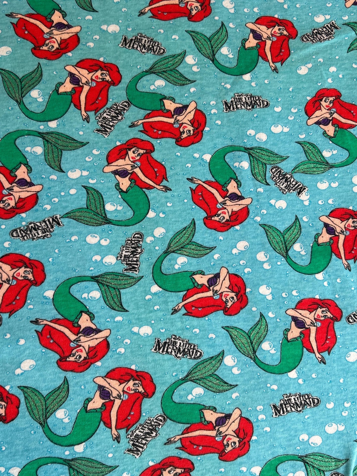 Vintage Ariel The Little Mermaid Fabric- Jersey Knit material - continuous cuts - Glitter Accent Licensed Fabric