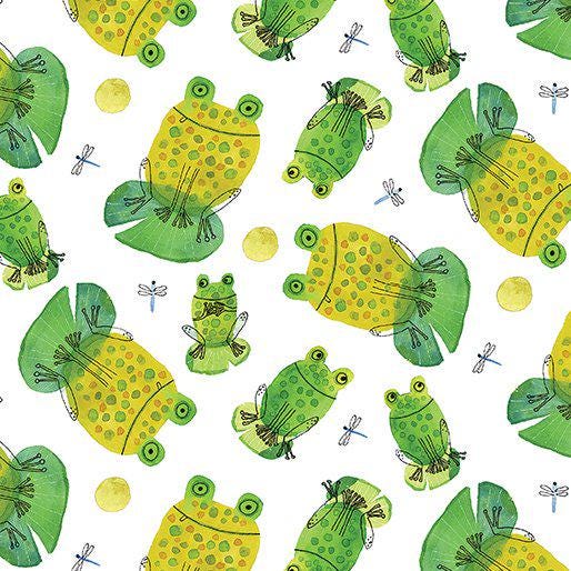 Frogtastic Cotton fabric- continuous cuts- 100% Cotton- frogs -Tossed Frogs Benartex Fabrics BF-Frogtastic 13388-09 White - Frogs