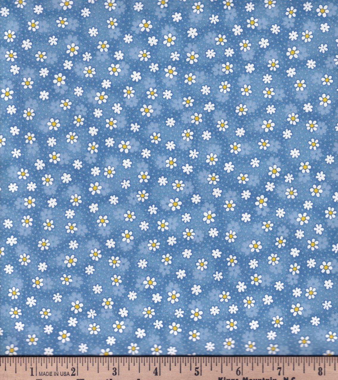 FT-Keepsake Calico 2076-Blue - Packed Daisy and Dots 100% Cotton Fabric Continuous Cuts - Fast shipping