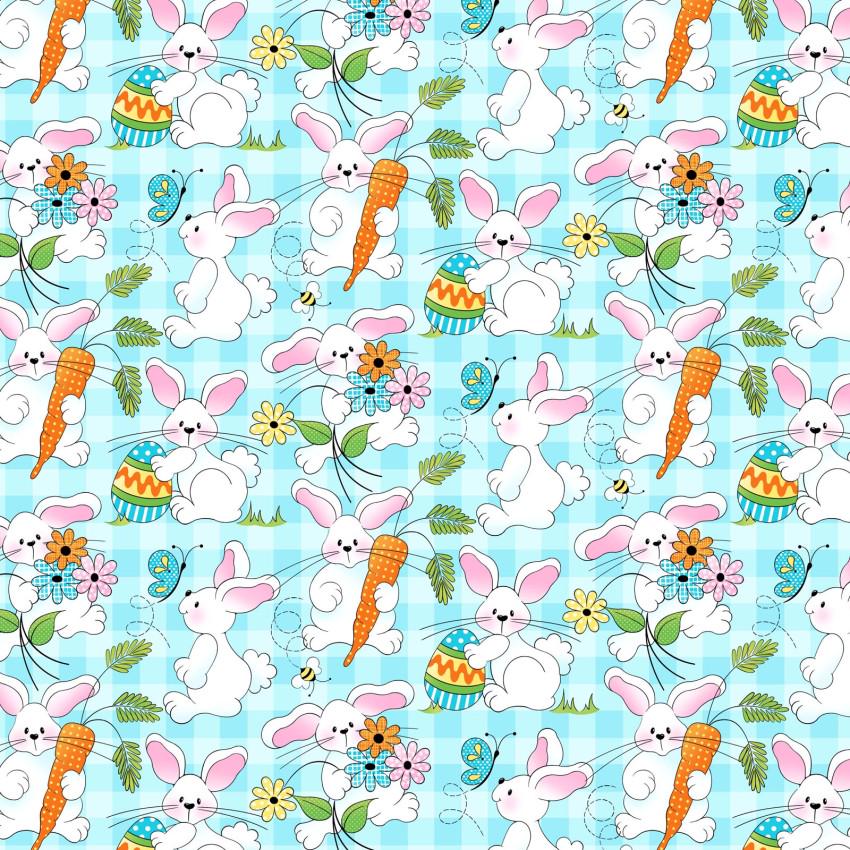 Easter Bunnies on Blue Plaid Fabric- 100% Cotton Continuous Cuts- Fabric Traditions FAT17922-B