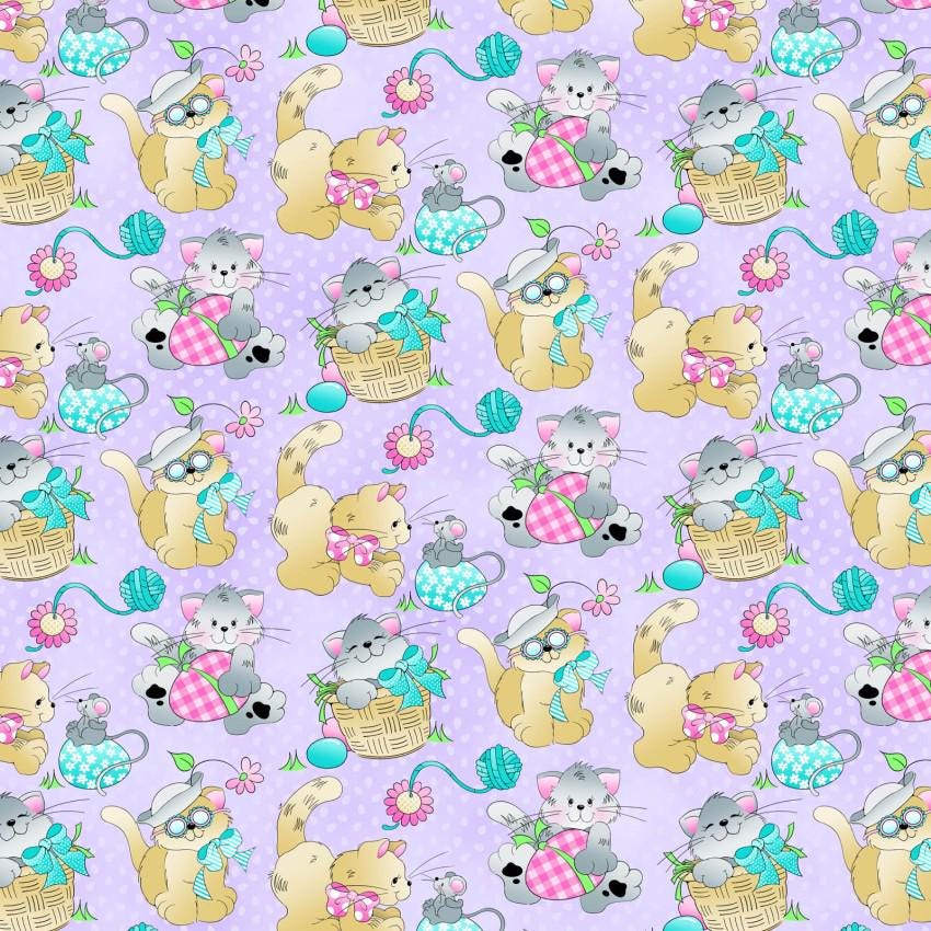Easter Cats on Purple Dot Fabric- 100% Cotton Continuous Cuts Fabric Traditions FAT18603-LV