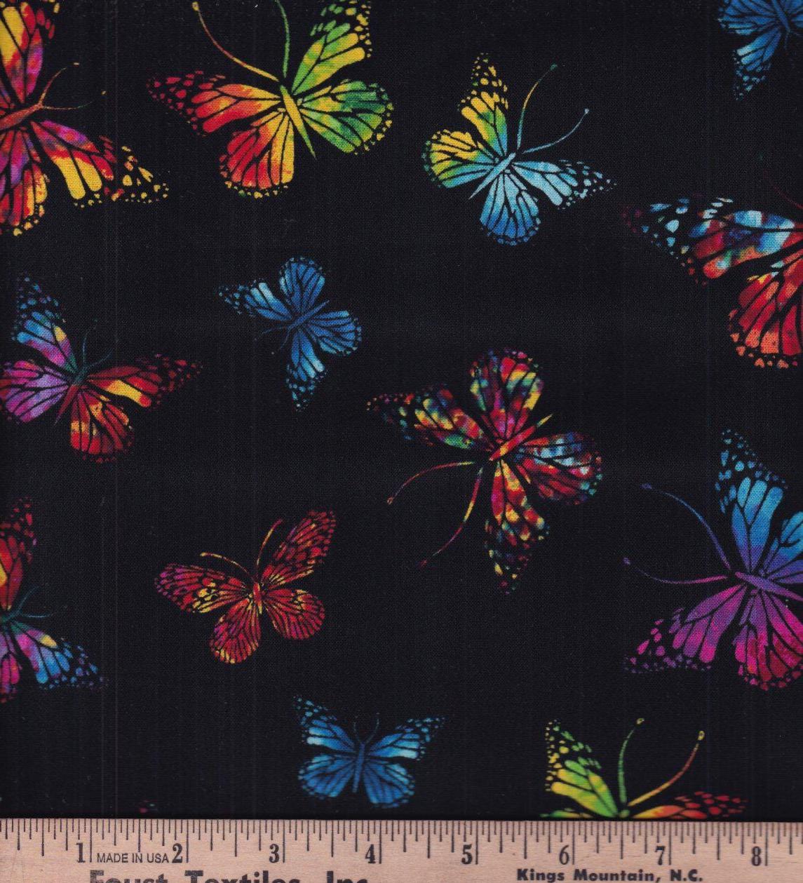 Vibrant Butterflies on Black- 100% Cotton- continuous cuts Hi Fashion