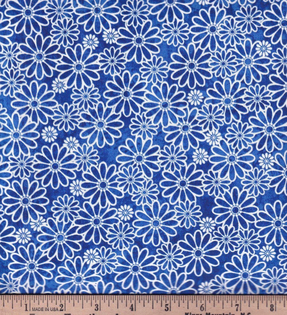 Keepsake Calico 13919-B1 Blue - Sun Drenched Daisies 100% Cotton Fabric Continuous Cuts