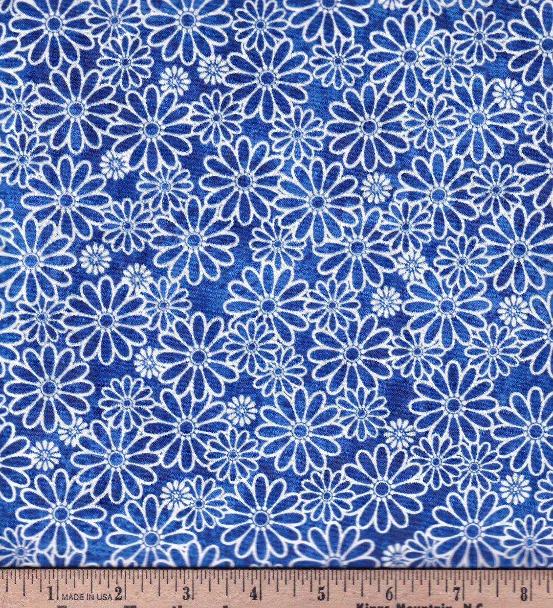 Keepsake Calico 13919-B1 Blue - Sun Drenched Daisies 100% Cotton Fabric Continuous Cuts