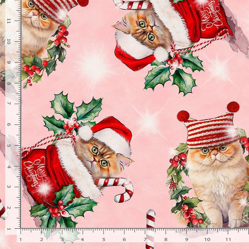 Pink Holiday Cats 100% Cotton Continuous Cuts - TT-Holiday CD3646 Pink - Holiday Cats