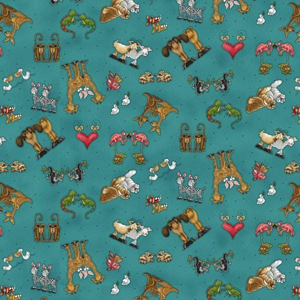 Henry Glass Fabric - Two by Two 1757-77 Teal - Tossed Characters 100% Cotton Continuous cuts