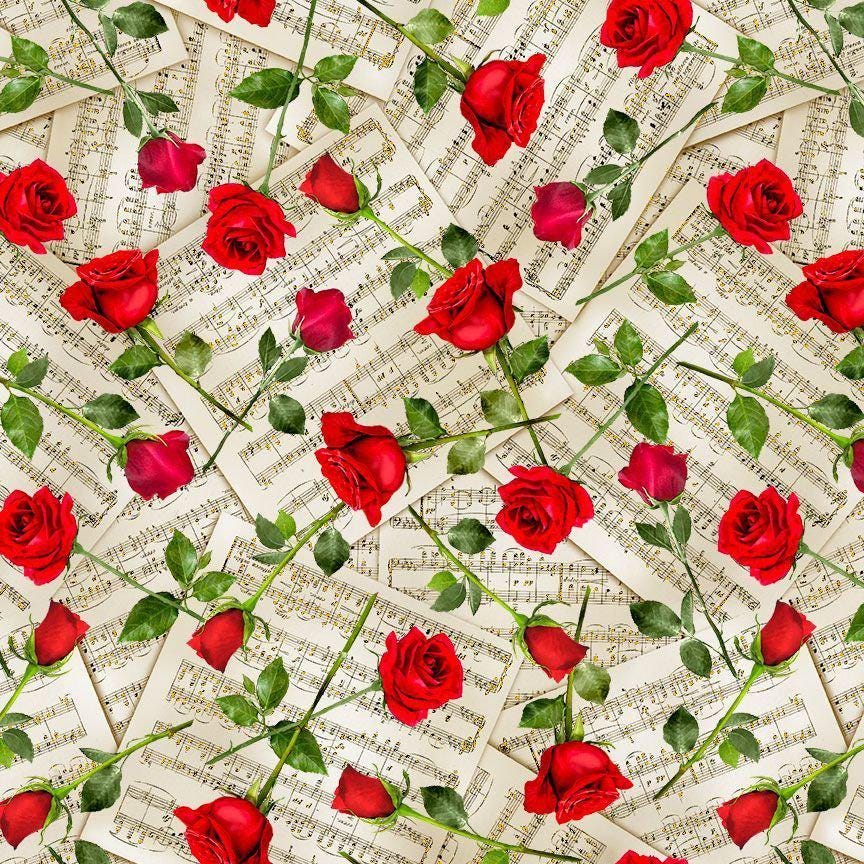 Roses on Music Sheets 100% Cotton Fabric - Timeless Treasures - Continuous Cuts TT-Music CM3240 Beige - Roses on Music Sheets