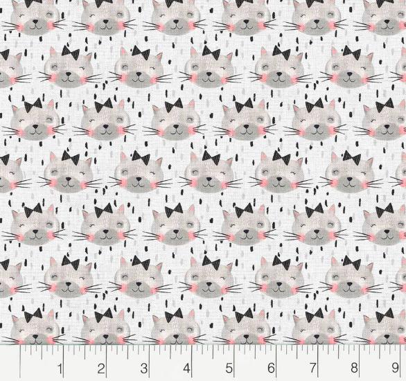 Fabric Editions White Kitten Faces Cotton Fabric- by the 1/2 yard- Fat Quarters - 100% Cotton - Continuous cuts