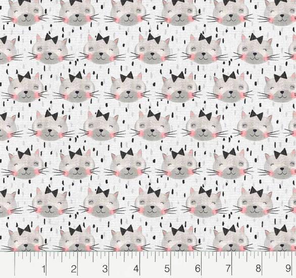 Fabric Editions White Kitten Faces Cotton Fabric- 100% Cotton - Continuous cuts