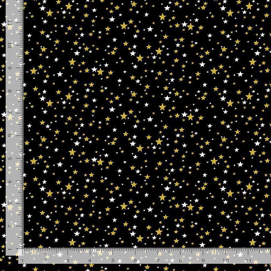 Gold Stars with Metallic Accent 100% Cotton Fabric- continuous cuts TT-Holiday CM3628 Black - Metallic Stars