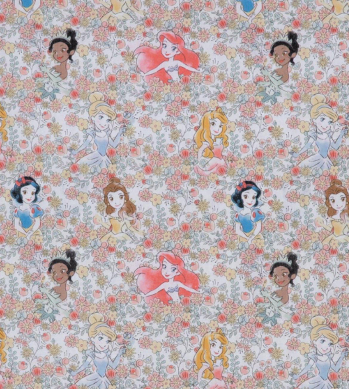 Floral Disney princesses cotton fabric 100% Cotton - by the 1/2 yard- continuous cuts Licensed Fabric