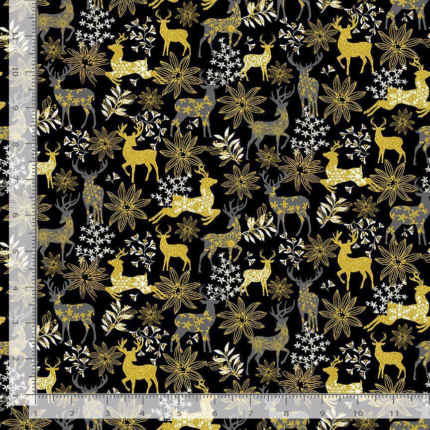 Christmas Deer and Floral Metallic Accent 100% Cotton Fabric- continuous cuts- TT-Holiday CM3623 Black - Deer & Floral Metallic