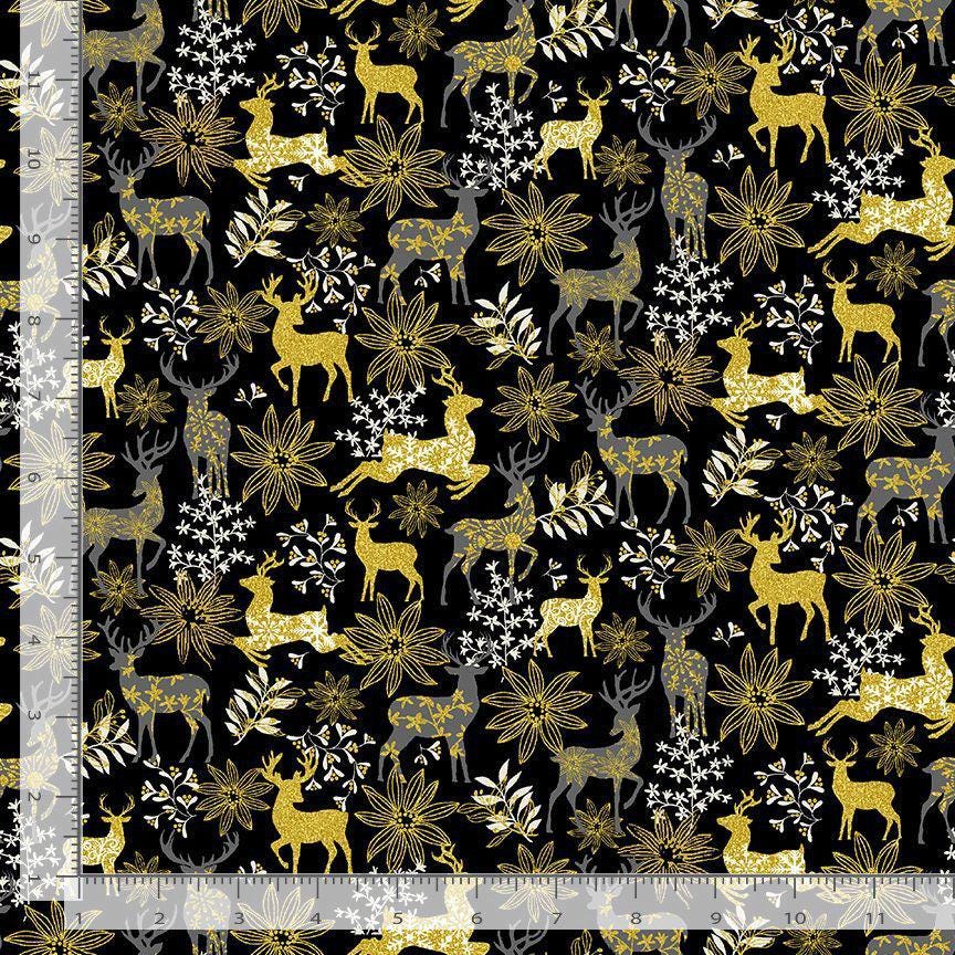 Christmas Deer and Floral Metallic Accent 100% Cotton Fabric- continuous cuts- TT-Holiday CM3623 Black - Deer & Floral Metallic
