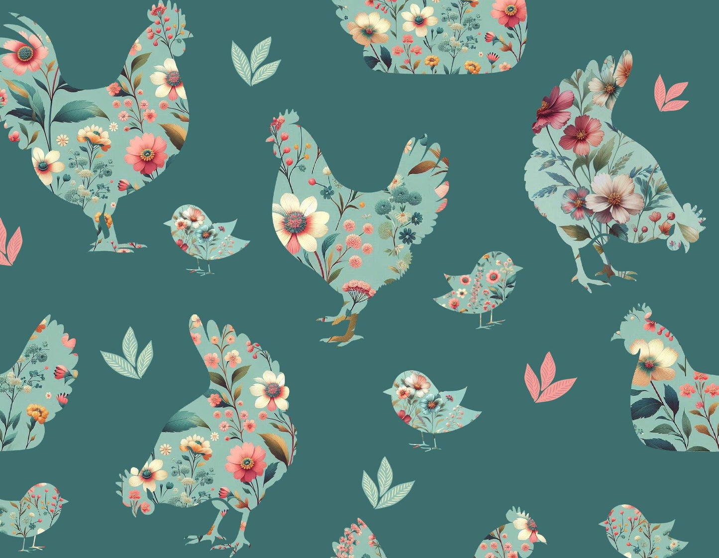 Floral Chicken Silhouette 100% Cotton Fabric -Continuous Cuts - Fast shipping!