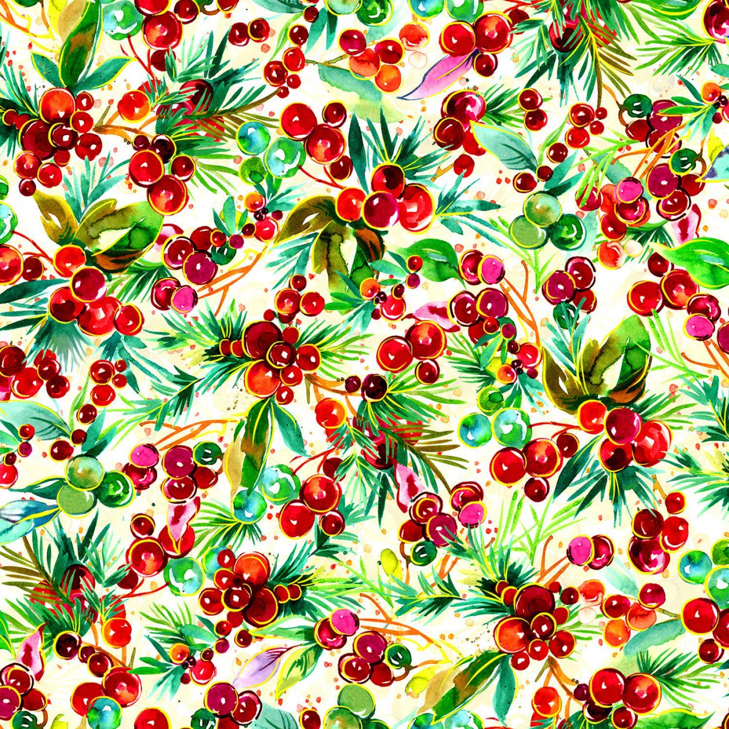 Ecru Berries Christmas cotton fabric- continuous cuts-Oasis Fabrics -OF-Noel (2025) 59-8091 Ecru - Holly Berries