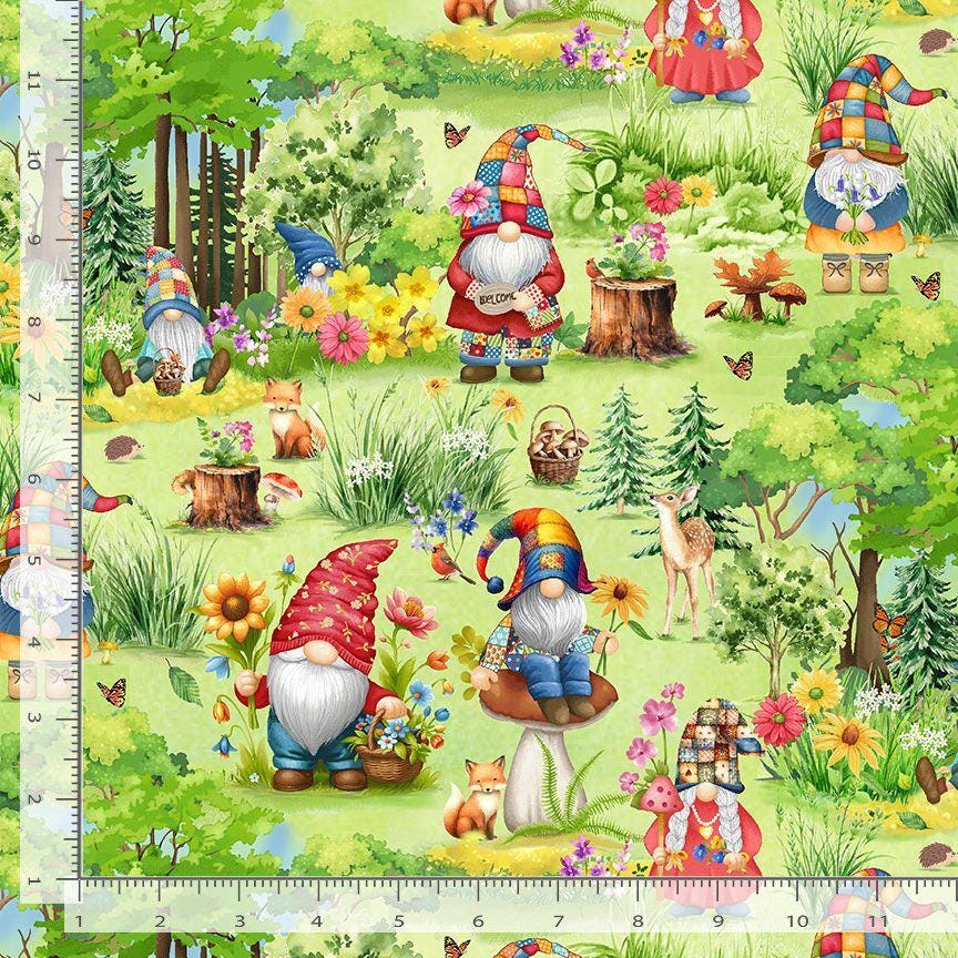Hippie Garden Gnomes Cotton Fabric 100% Cotton - Gnomes TT-Fun CD3739 Green - Hippie Gnomes Garden