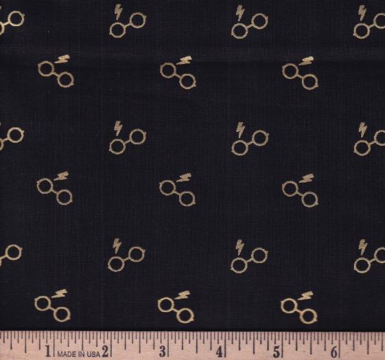 Harry Potter's Glasses and Bolt w/Metallic 100% Cotton Fabric - Continuous Cuts Licensed Fabric
