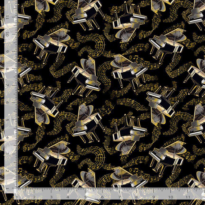 Grand Pianos & Music Notes Metallic Accent 100% CottonContinuous cuts - Music CM3236 Black