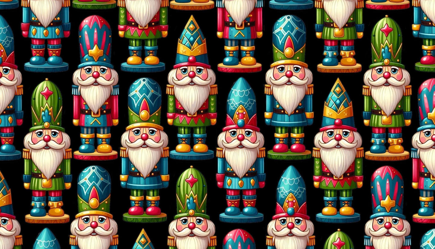 Packed Gnome Nutcrackers on Black Christmas Fabric 100% Cotton -Continuous Cuts