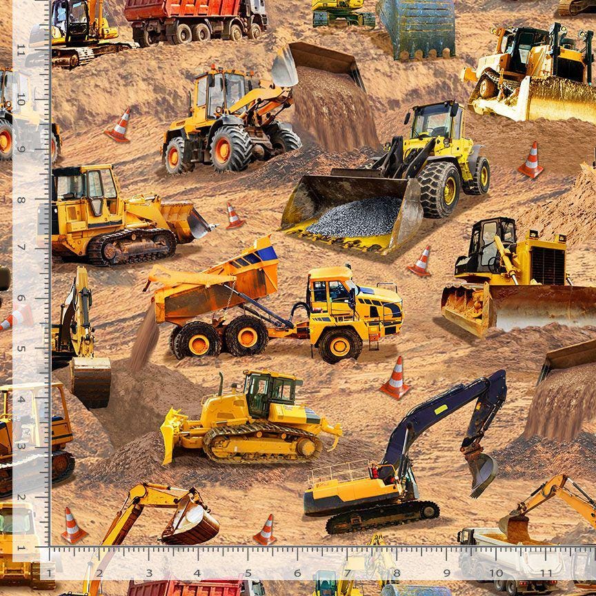 Construction Site 100% Cotton Fabric - Continuous Cuts - TT-Michael CD3737 Brown - Construction Site Scene Planes, Trains, Trucks