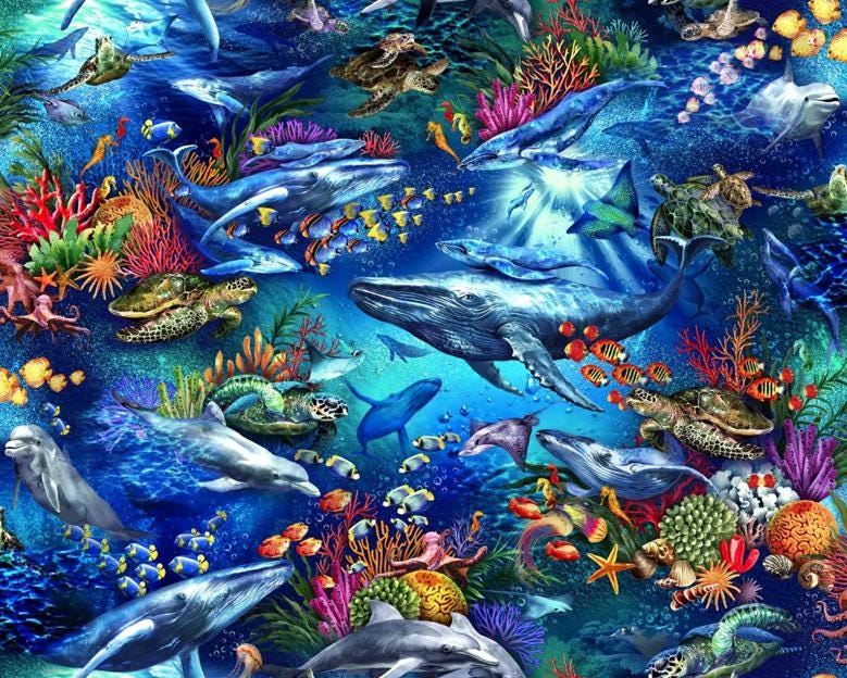 Ocean Themed 100% Cotton Fabric Material - Continuous Cuts OF-The Deep 59-7791 Ocean Life